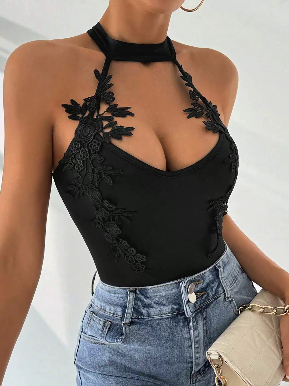 ZARA Lace Halter Neck Sleeveless Bodysuit High Waist Stretchy Slim Fit Sexy